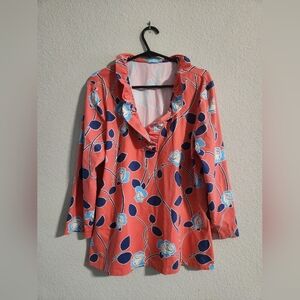 J. McLaughlin Durham 3/4 sleeve Ruffle V-neck Coral Pink Floral Top size large